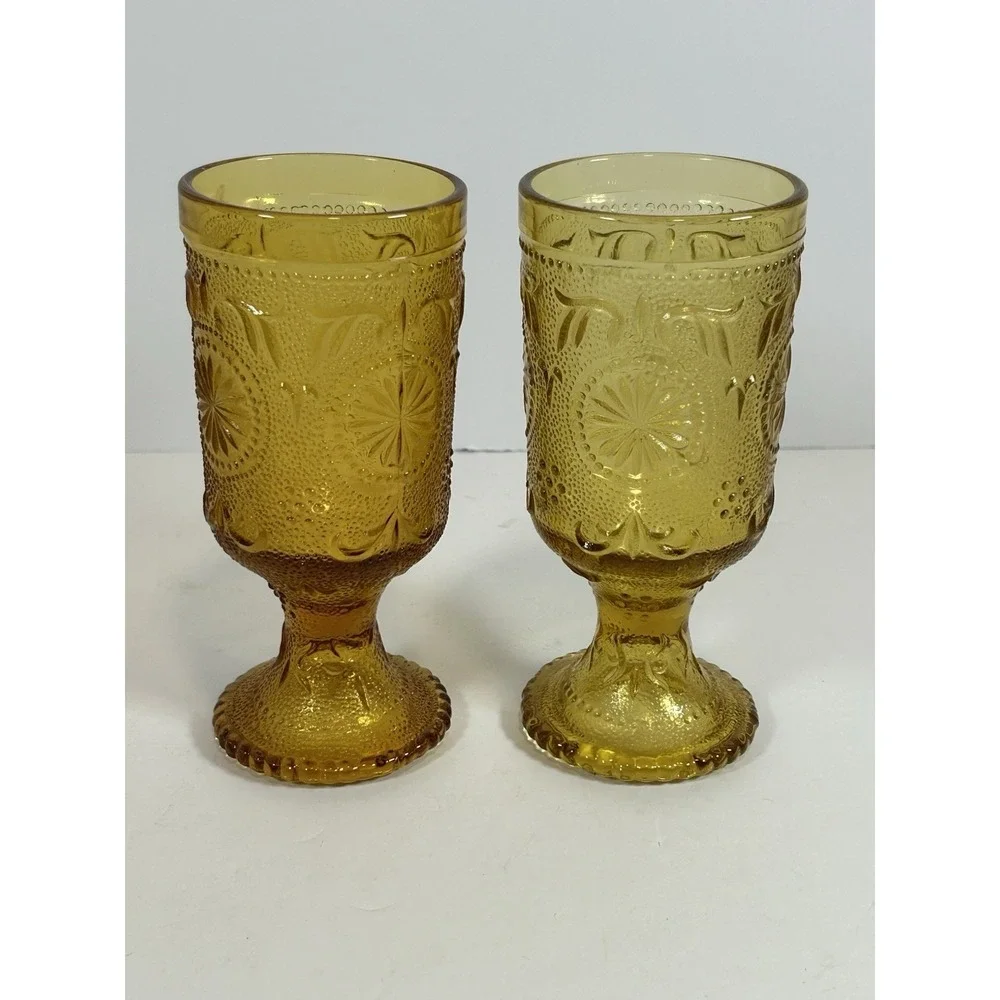Set of 2 Vintage Indiana Glass 70's Amber Sandwich Glass Tiara Footed Goblet